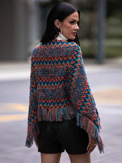 Shiny Fringe Hem Boat Neck Poncho Easy Apparels