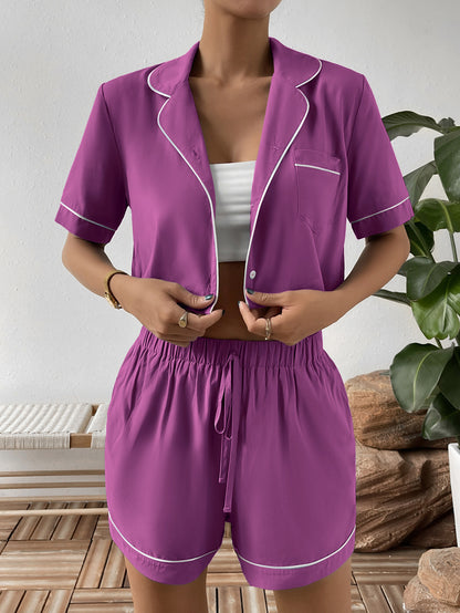 Ivy Lane Contrast Lapel Collar Cropped Shirt and Shorts Lounge Set Easy Apparels