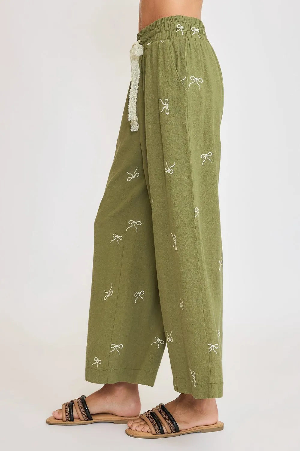 Umgee Full Size Lace Drawstring Embroidered Bow Wide Leg Pants Plus Size Easy Apparels
