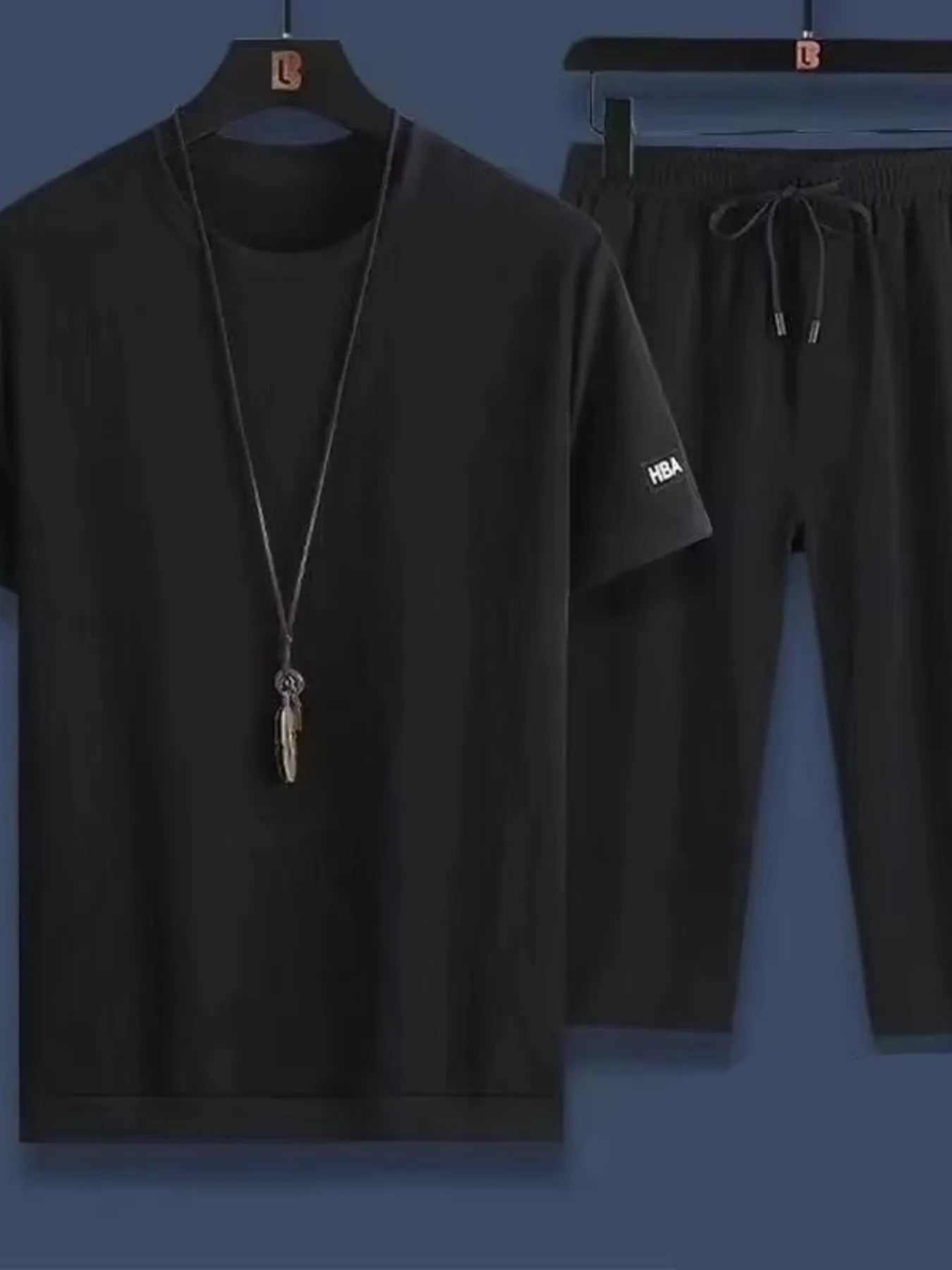 Men's Plus Size Round Neck Short Sleeve Top and Shorts Set Black Easy Apparels