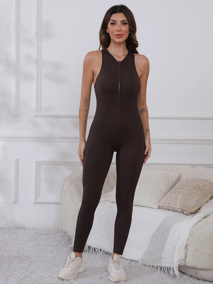 Half Zip Wide Strap Active Jumpsuit Easy Apparels