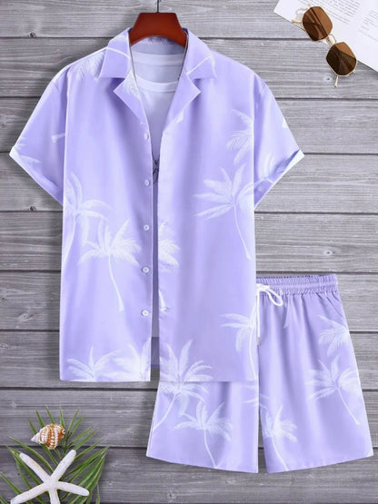 Men's Full Size Palm Print Button Up Shirt and Shorts Set Plus Size Lavender Easy Apparels