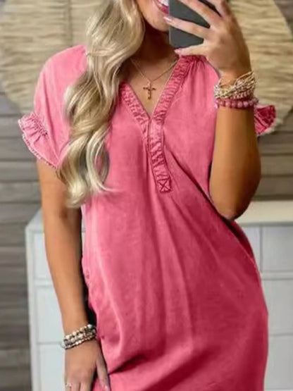 Full Size V-Neck Short Sleeve Denim Dress Plus Size Easy Apparels