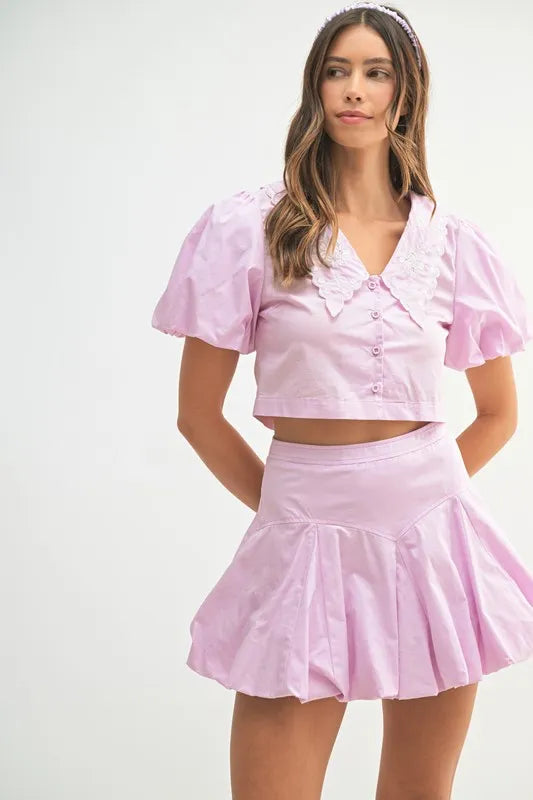 MABLE Puff Sleeve Button Down Top and Bubble Skirt Set Lavender Easy Apparels