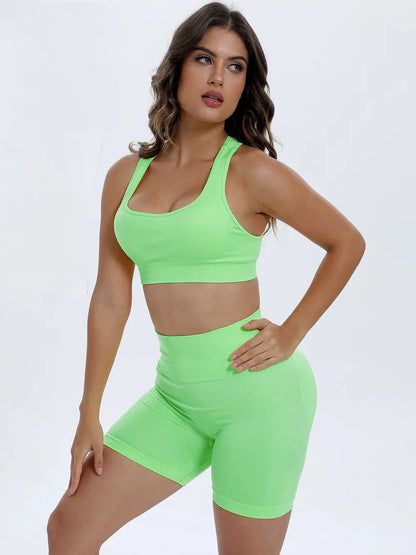 Scoop Neck Wide Strap Top and Shorts Active Set Neon Green Easy Apparels