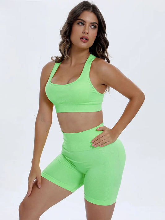 Scoop Neck Wide Strap Top and Shorts Active Set Neon Green Easy Apparels