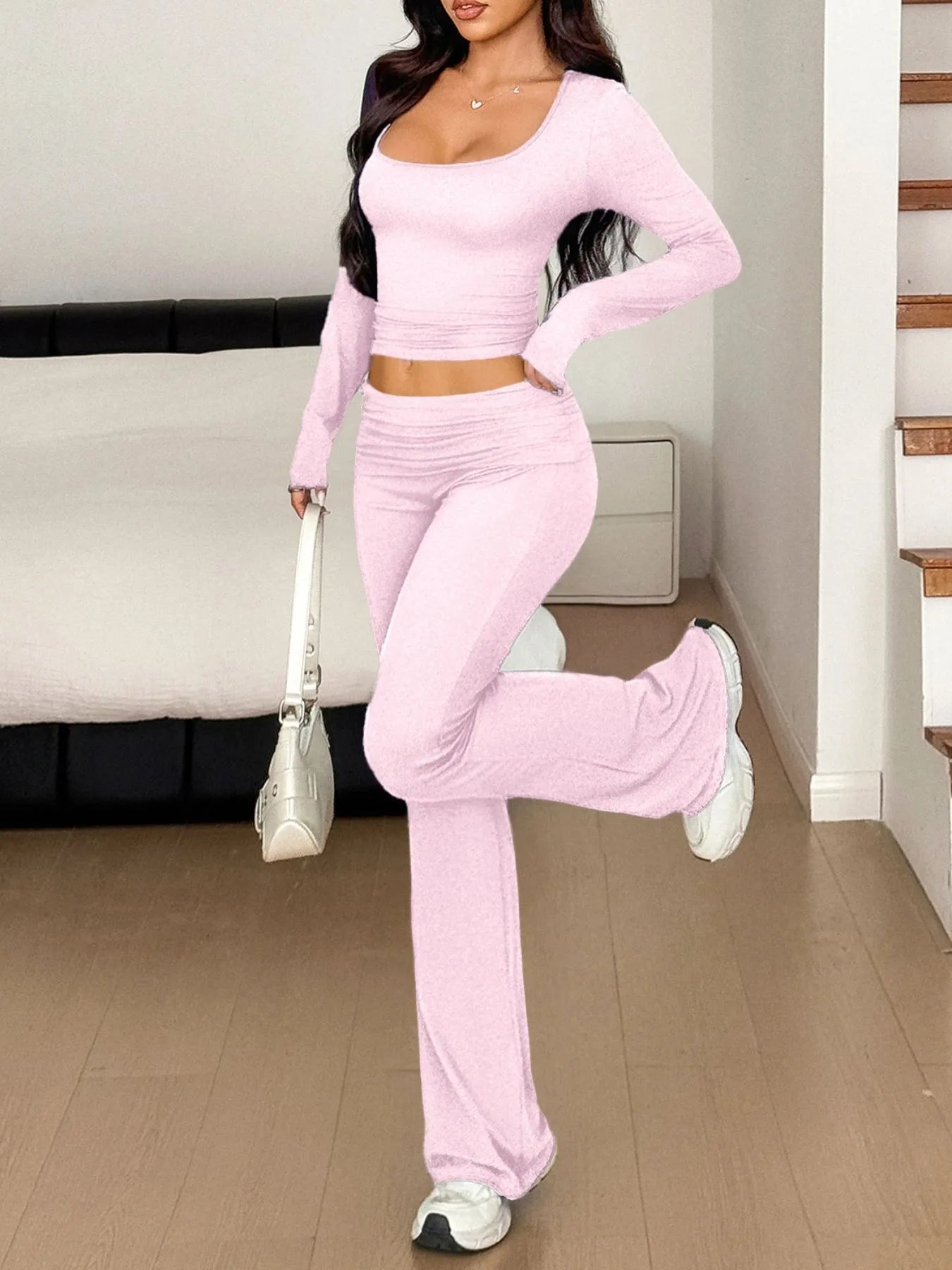 Long Sleeve Crop Top and Bootcut Pants Set Blush Pink Easy Apparels