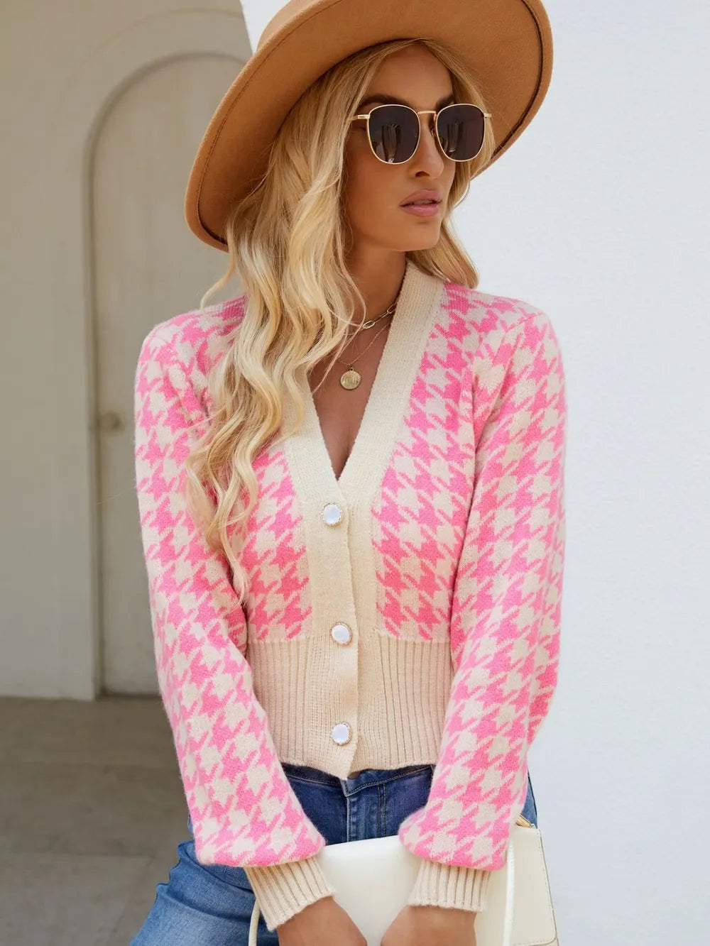 Houndstooth Button Up Long Sleeve Cardigan Pink One Size Easy Apparels