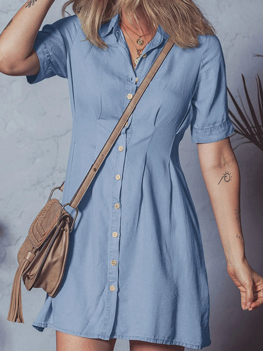 Denim Pleated Slim Waist Short Sleeve Shirt Dress Light Blue Easy Apparels