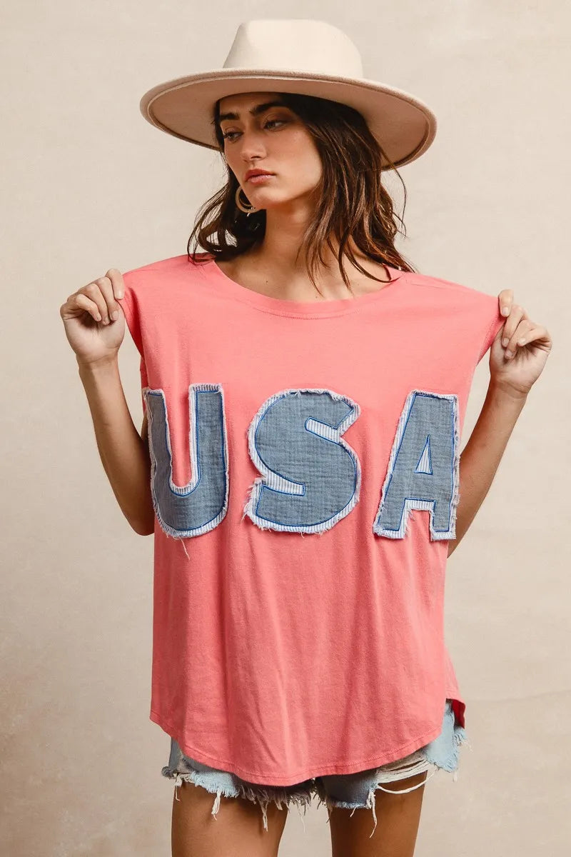 Trendsi BiBi Washed Jersey With Usa Patched Raw Cut Edge Detail