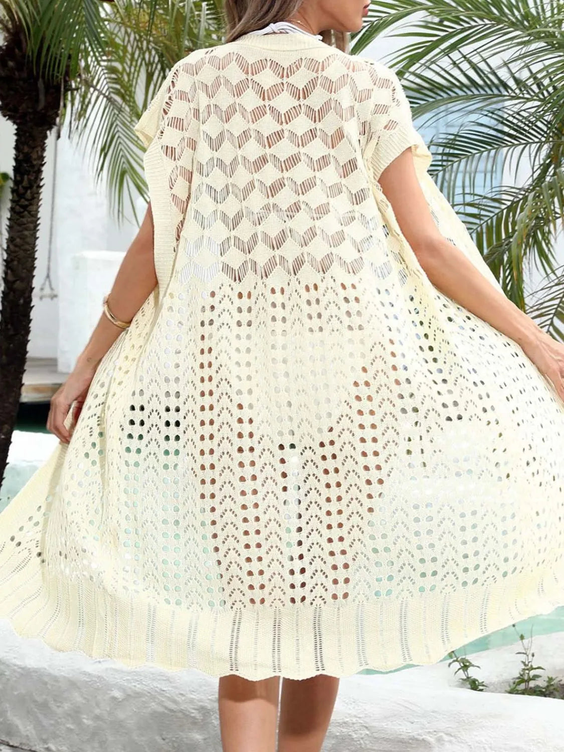 Open Front Short Sleeve Openwork Cover-Up Easy Apparels