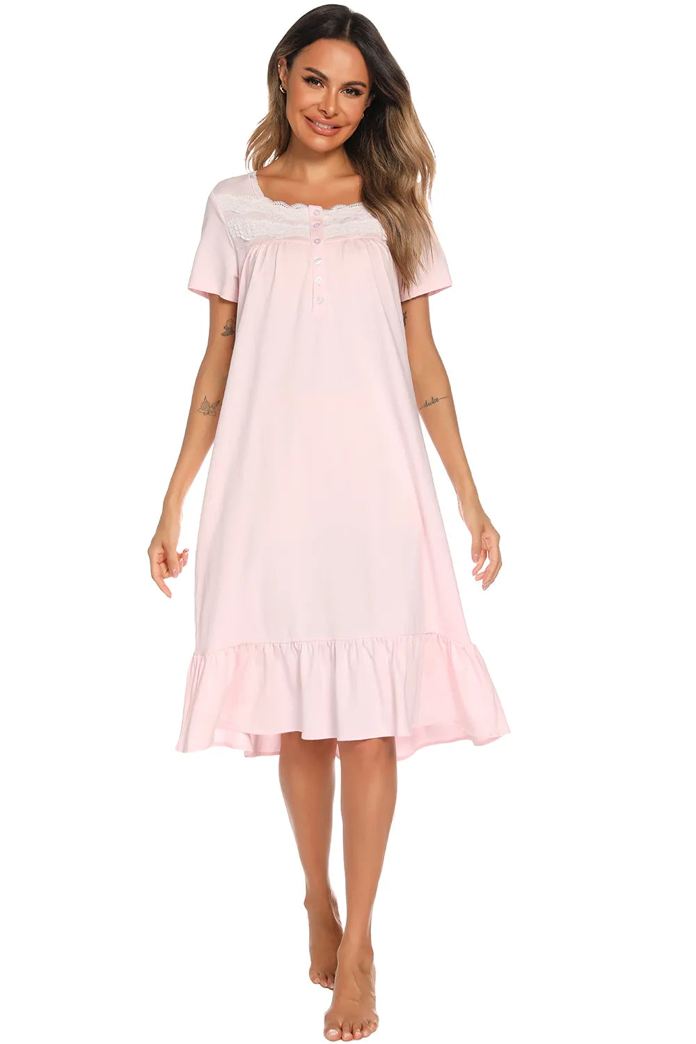 Lace Detail Square Neck Lounge Dress Easy Apparels