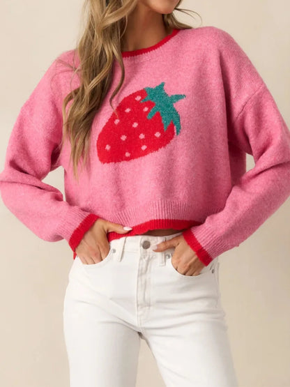 Trendsi Strawberry Round Neck Long Sleeve Sweater Strawberry