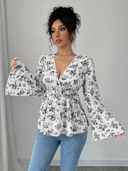 Trendsi Floral Print V-Neck Long Sleeve Blouse