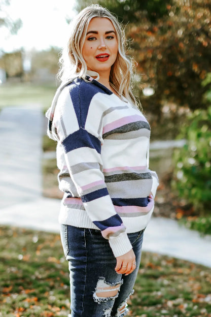 Plus Size Striped Long Sleeve Hooded Sweater Easy Apparels
