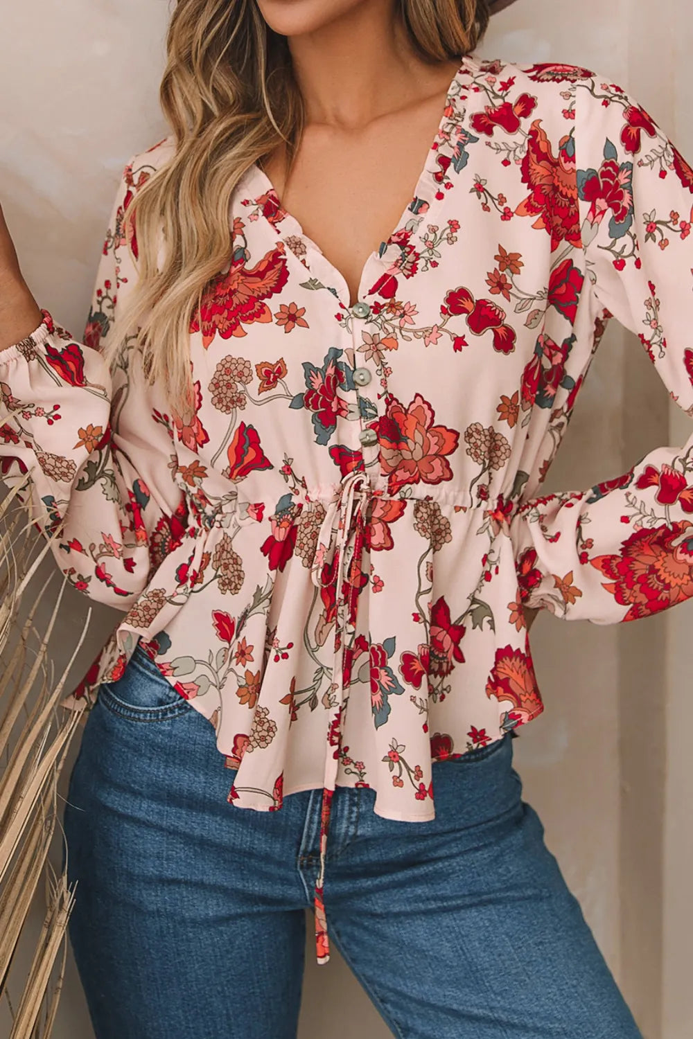 Trendsi Floral V-Neck Drawstring Peplum Blouse
