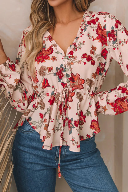 Trendsi Floral V-Neck Drawstring Peplum Blouse