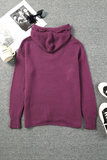 Woven Right Horizontal Ribbing Fringe Trim Hooded Sweater Easy Apparels