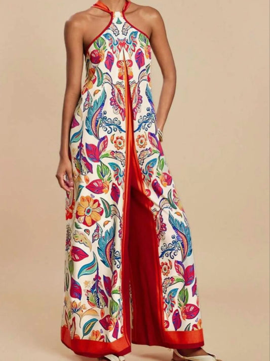 Printed Halter Wide-Leg Jumpsuit Red Easy Apparels