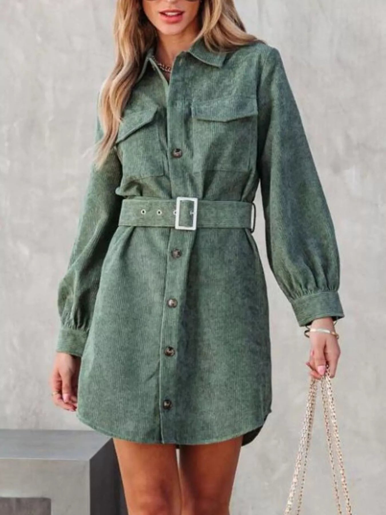 Button Front Belt Long Sleeve Corduroy Dress Easy Apparels