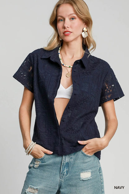 Trendsi Umgee Patch Lace Short Sleeve Button Down Shirt Navy