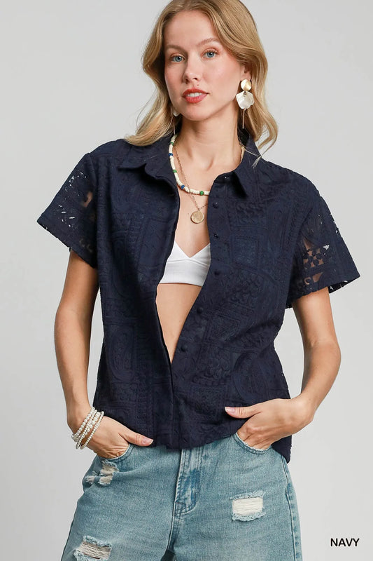 Trendsi Umgee Patch Lace Short Sleeve Button Down Shirt Navy