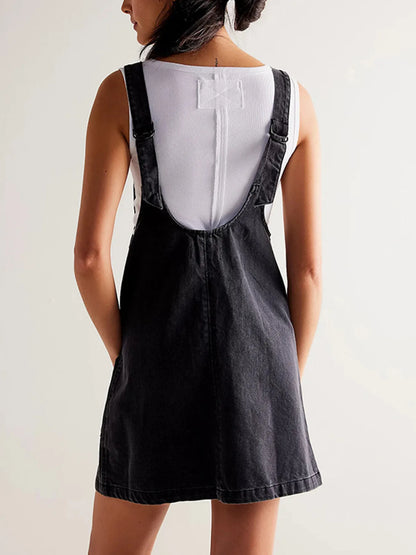 Oversized V-Neck Denim Tank Dress with Front Pockets Easy Apparels