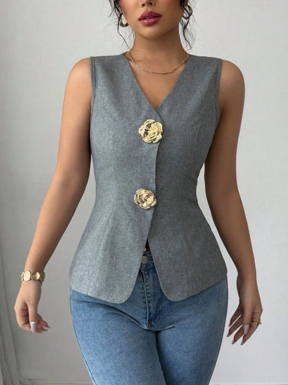 Trendsi V-Neck Button Detail Tank Top Dark Gray