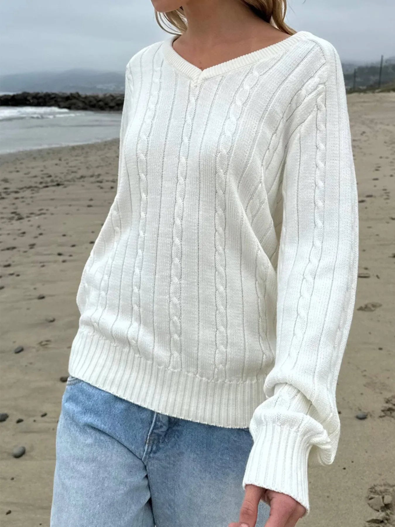 Trendsi Cable Knit V-Neck Pullover Sweater