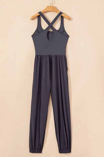Cutout Square Neck Wide Strap Active Jumpsuit Easy Apparels