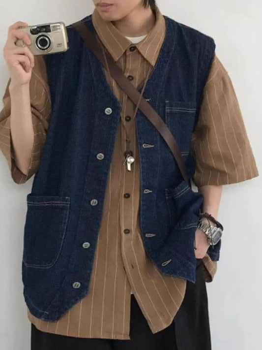 Men's Plus Size Button Up V-Neck Denim Vest Dark Blue Easy Apparels
