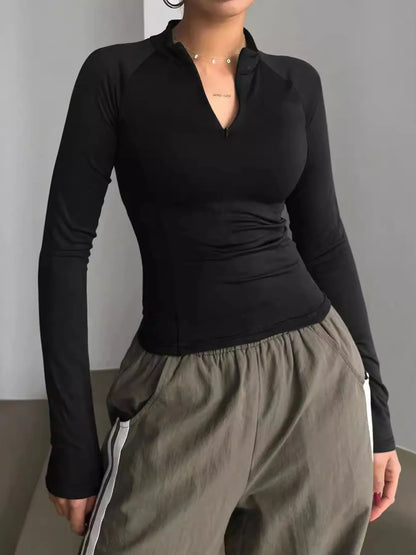 Trendsi Long Sleeve Zip Front Fitted T-Shirt Black