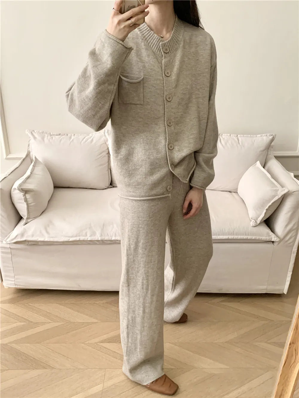 Pocketed Round Neck Button Up Cardigan and Pants Sweater Set Easy Apparels