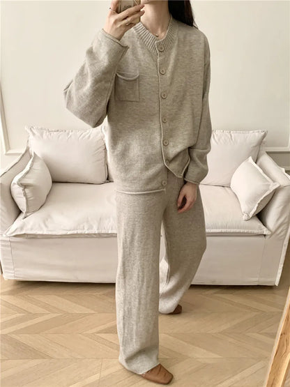 Pocketed Round Neck Button Up Cardigan and Pants Sweater Set Easy Apparels