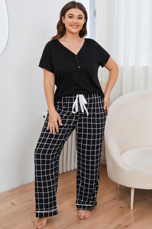 Plus Size V-Neck Top and Plaid Pants Lounge Set Black Easy Apparels
