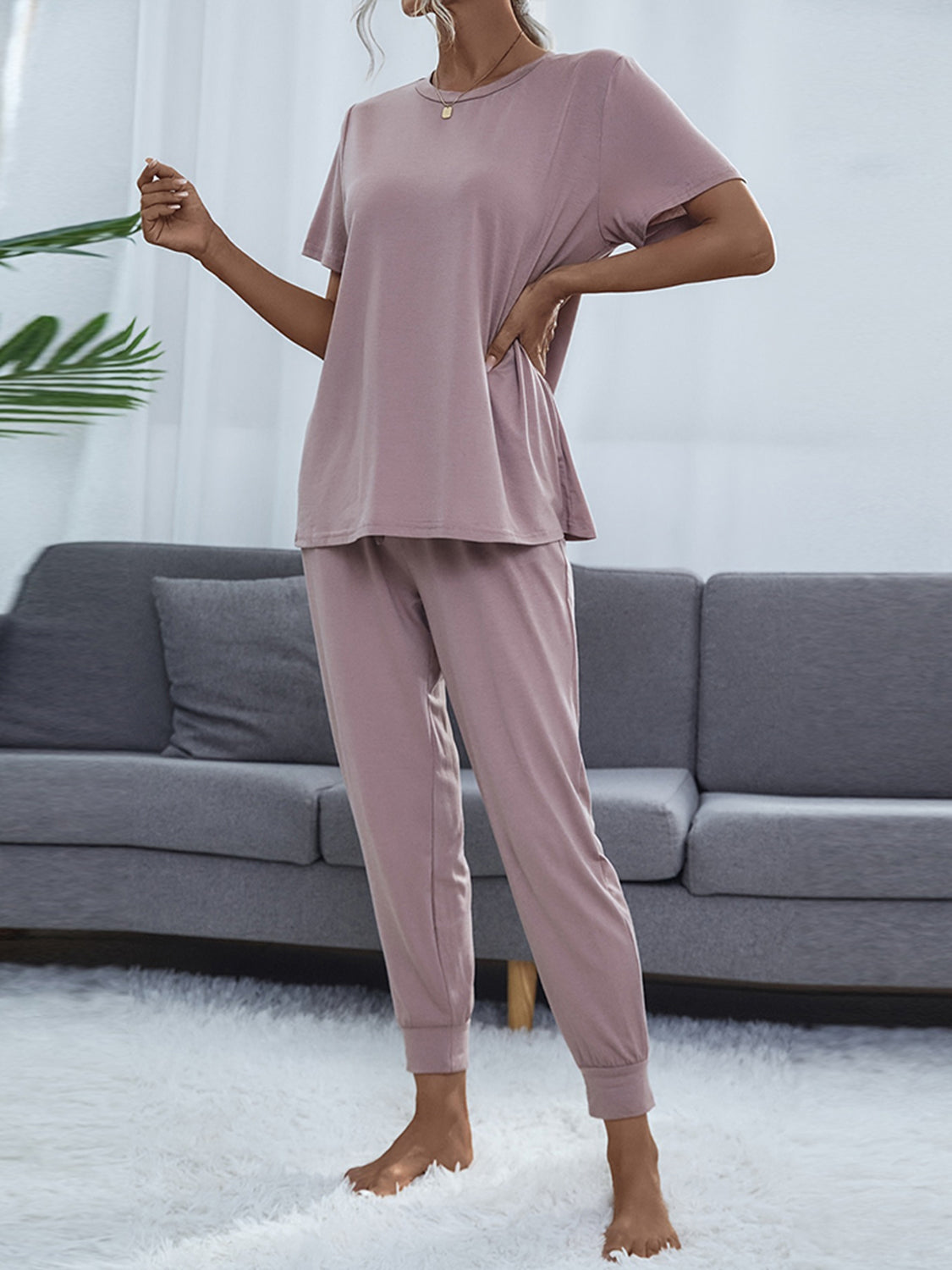 Shiny Round Neck Short Sleeve Top and Pants Set Easy Apparels
