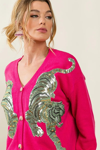BiBi Front Tiger Sequin Patch V-neck Sweater Cardigan Easy Apparels