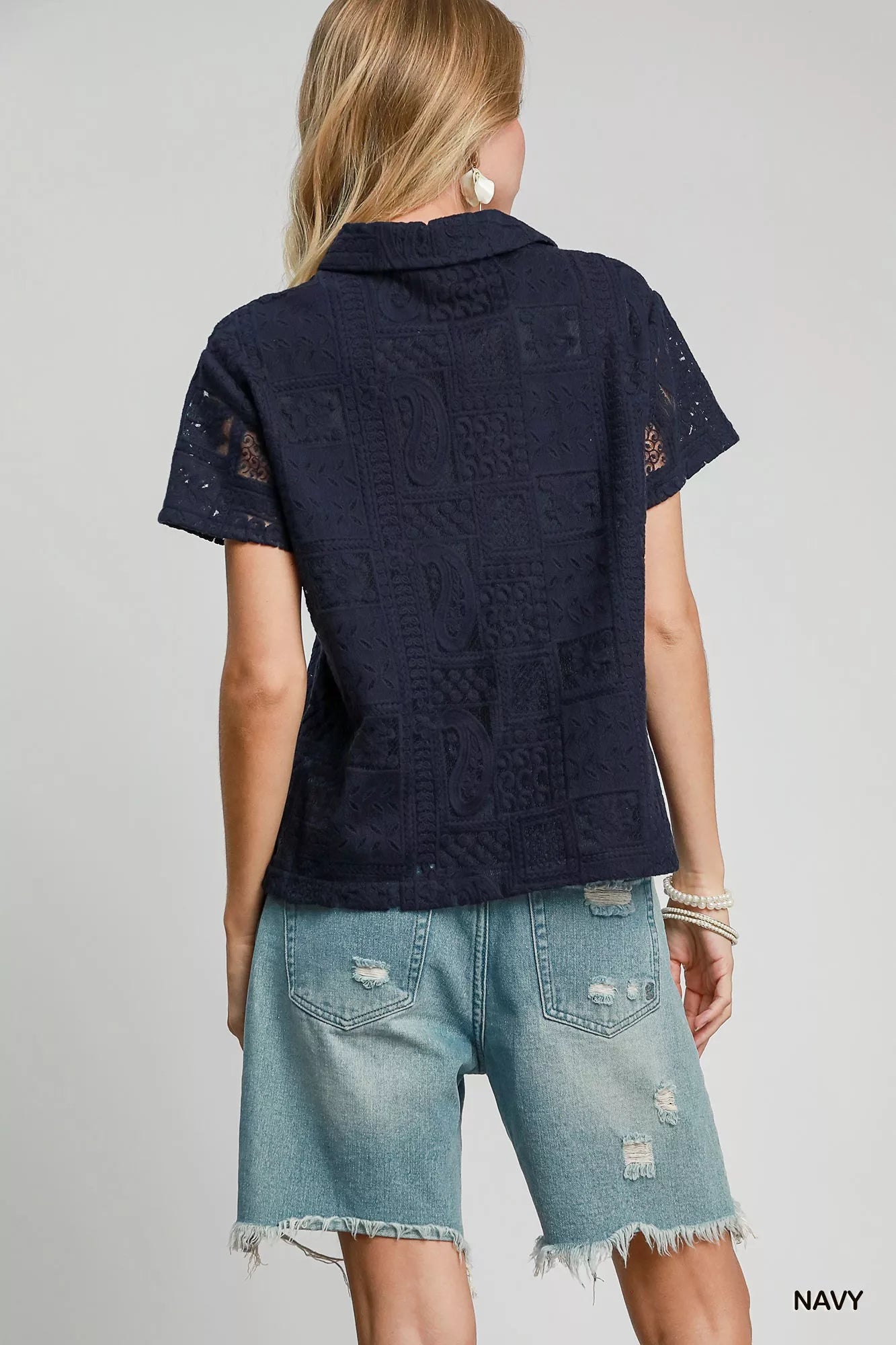 Trendsi Umgee Patch Lace Short Sleeve Button Down Shirt