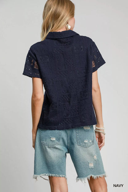 Trendsi Umgee Patch Lace Short Sleeve Button Down Shirt
