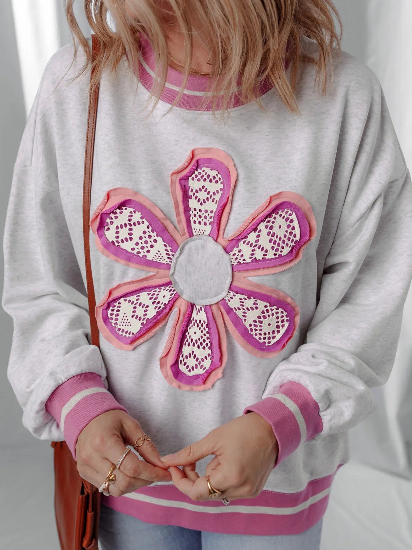 Trendsi Flower Patch Contrast Trim Crew Neck Sweatshirt
