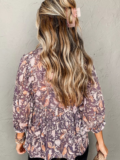 Trendsi Floral Print Tie Neck Blouse