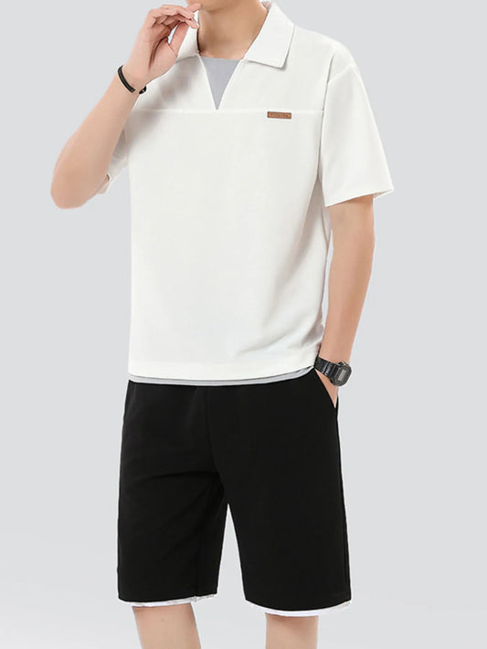 Men's Plus Size Johnny Collar Top and Shorts Set White Easy Apparels