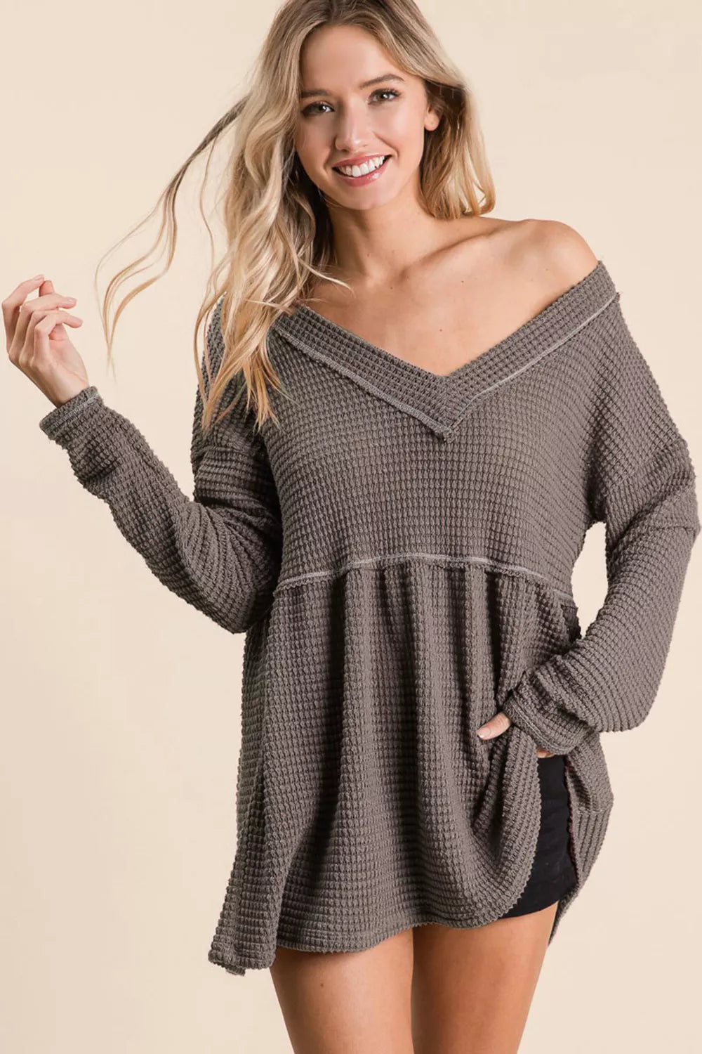 Trendsi BiBi Waffle Knit V-Neck Babydoll Blouse MOCHA