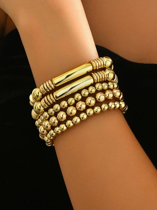 5 Piece Stainless Steel Beaded Bracelet Gold One Size Easy Apparels
