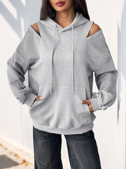 Trendsi Drawstring Zip Detail Cold Shoulder Hoodie