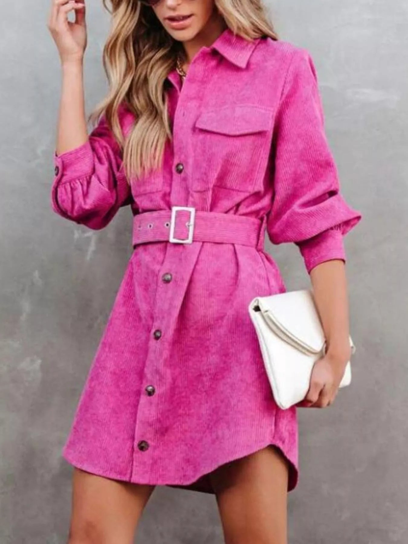 Button Front Belt Long Sleeve Corduroy Dress Easy Apparels
