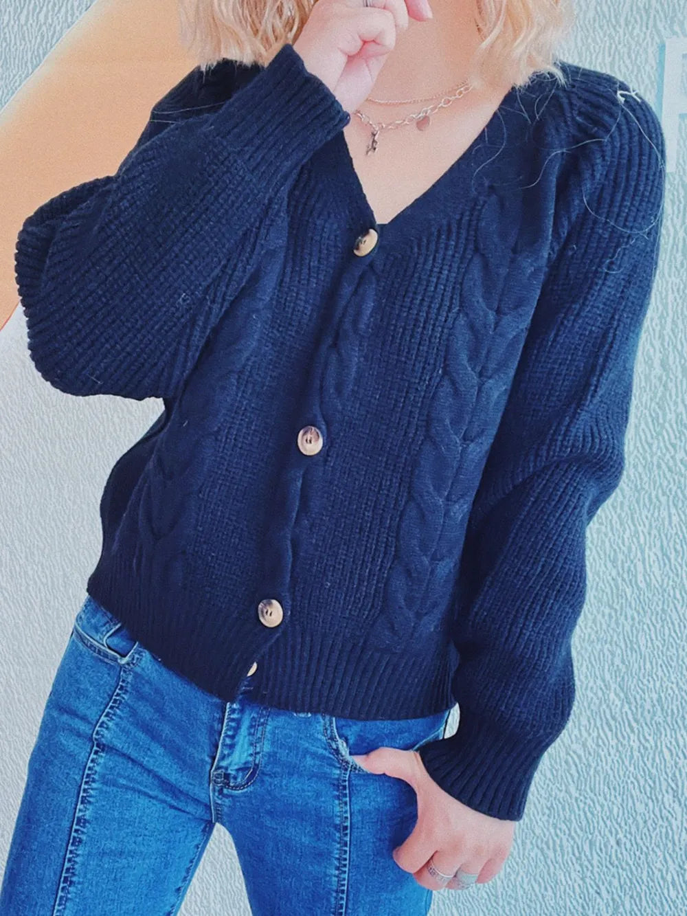 Cable-Knit V-Neck Button Down Long Sleeve Cardigan Easy Apparels