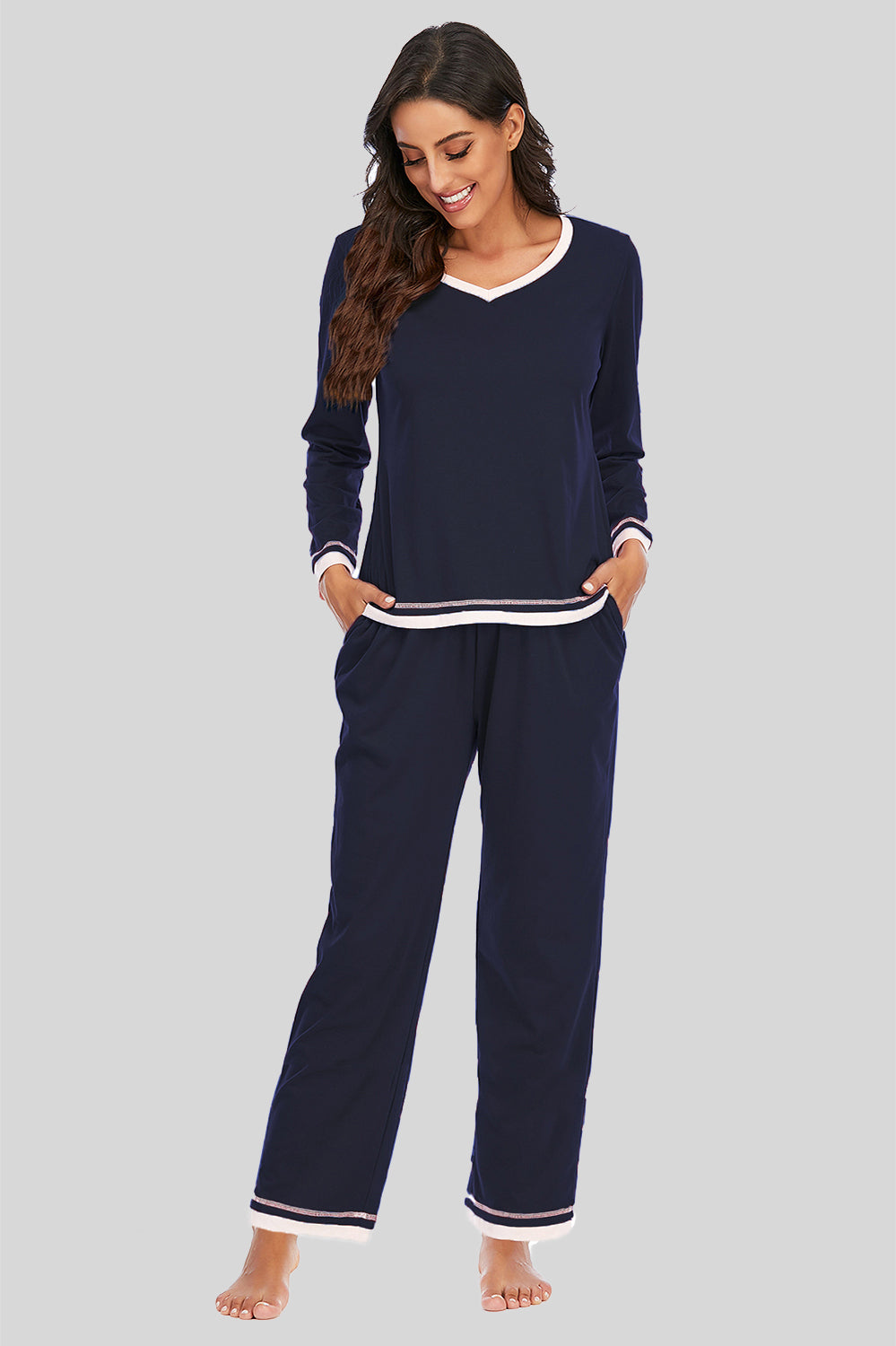 V-Neck Top and Pants Lounge Set Dark Navy Easy Apparels