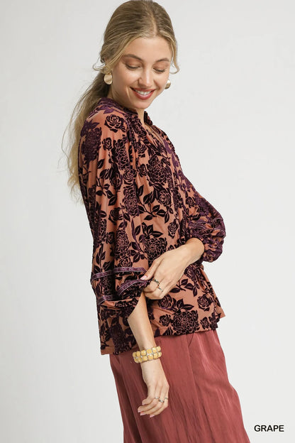 Trendsi Umgee Floral Velvet Blouse with Balloon Sleeves