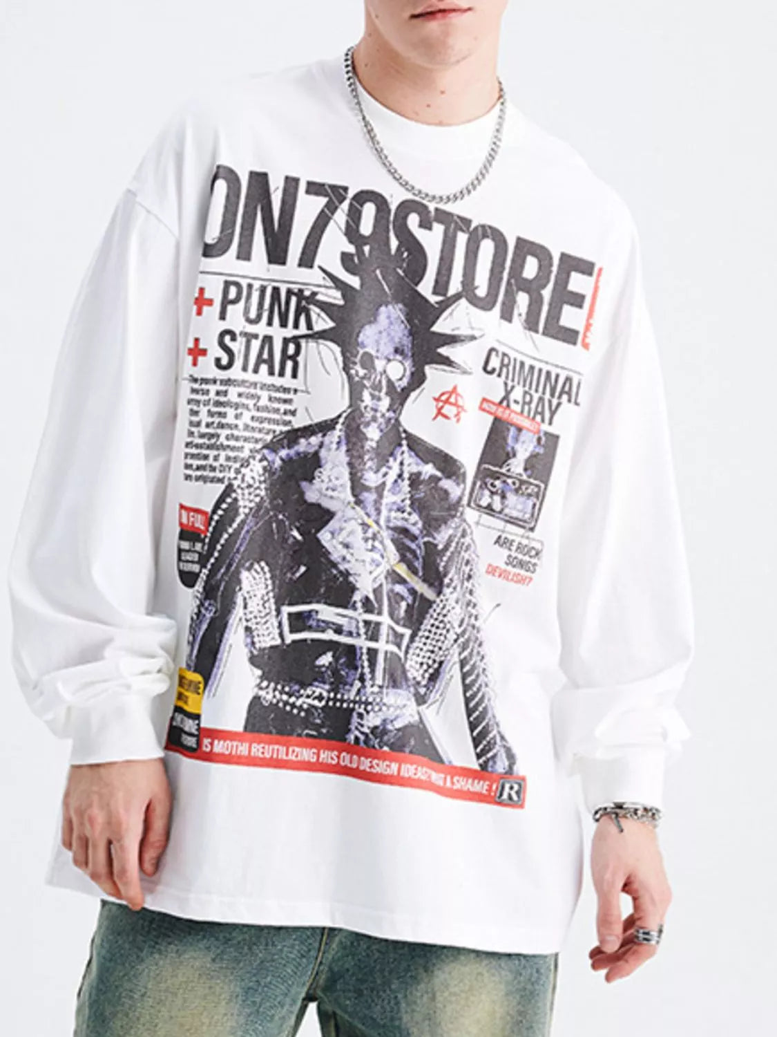 Men's Graphic Round Neck Long Sleeve T-Shirt White Easy Apparels